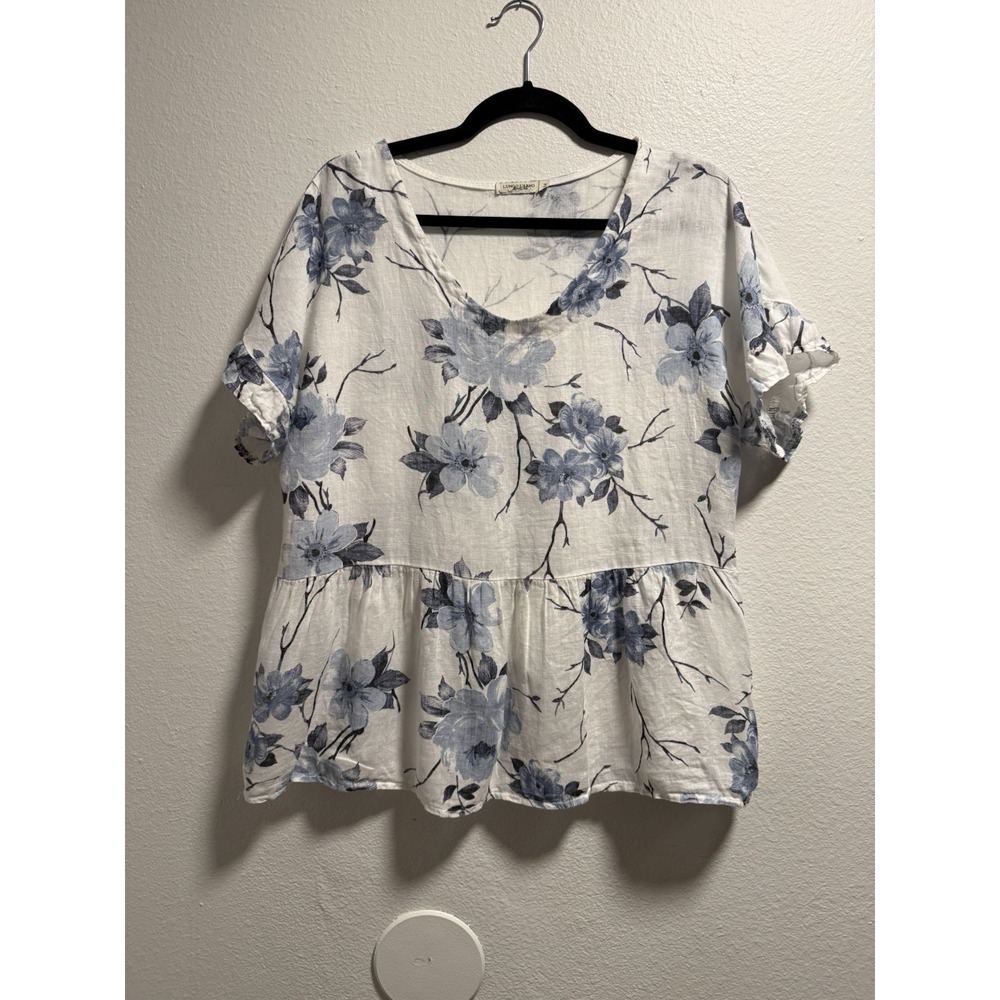 Lungo L'arno Linen Top Blouse Blue Floral Ruffle Sleeve Peplum Size Medium